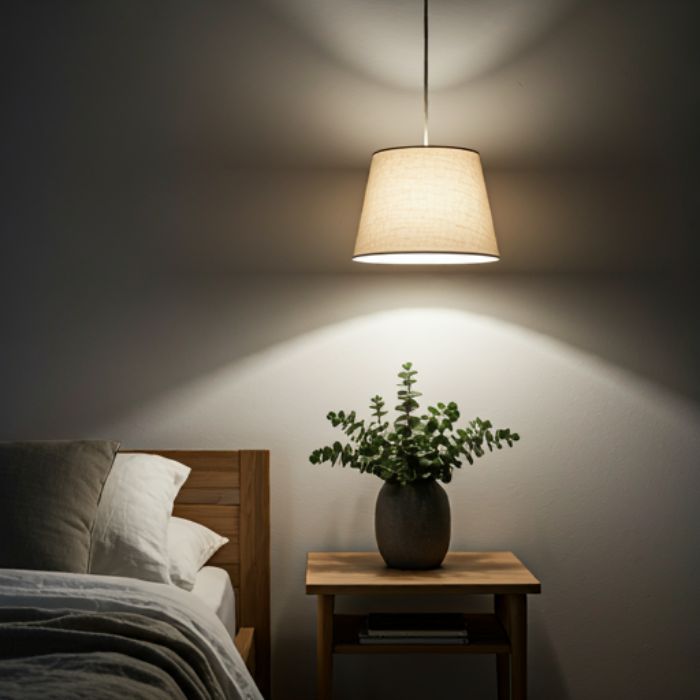 A cozy bedroom with a wooden bed frame and a bedside table with a vase of flowers. A warm, inviting light shines down from a fabric pendant lamp, creating a relaxing atmosphere.