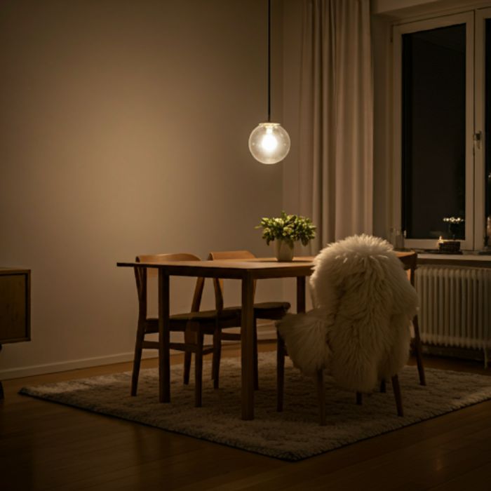 A cozy dining room with a wooden table and chairs. A large, glass globe pendant light hangs above the table, casting a warm, ambient light. A sheepskin rug adds a touch of warmth and comfort.