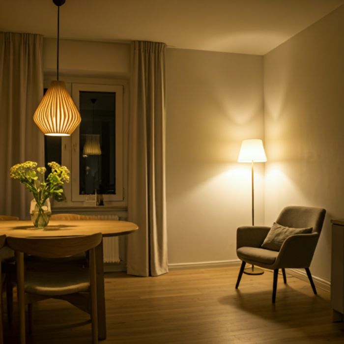 A cozy living room with a focus on warm lighting. A wooden dining table with a vase of flowers is illuminated by a hanging pendant lamp, while a floor lamp casts a warm glow on a comfortable armchair. The room features wooden floors and neutral-colored walls, creating a calm and inviting atmosphere.