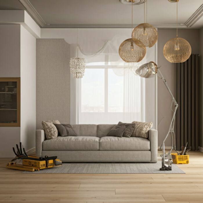 A cozy living room with a light gray wall featuring decorative molding. A large, comfortable sofa is positioned in front of a window, with a textured rug covering the wooden floor. Multiple pendant lights hang from the ceiling, and a floor lamp stands beside the sofa, providing ample lighting. A variety of decorative items, including artwork and plants, add personality to the space.