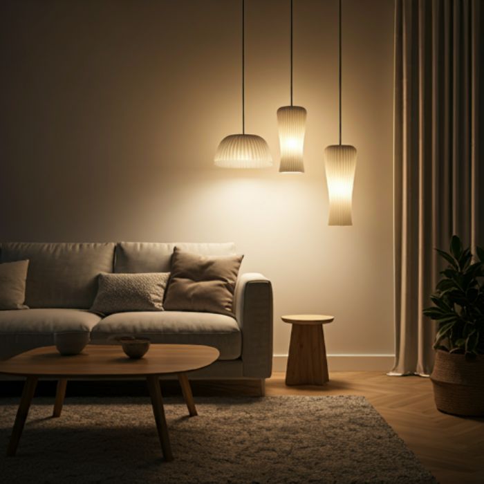 A cozy living room with a comfortable sofa, coffee table, and side table. Three pendant lights with warm, white bulbs hang from the ceiling, casting a soft, inviting glow on the space.