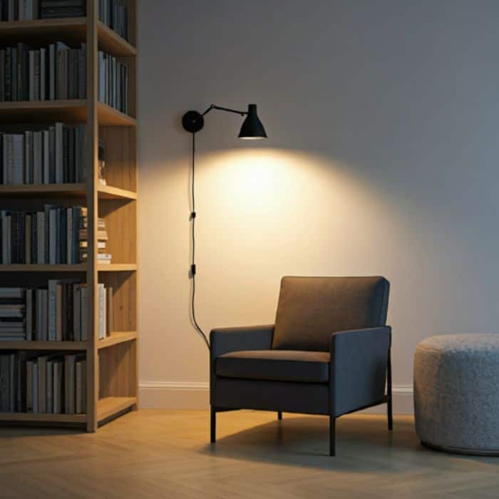 A cozy reading nook with a gray armchair, a bookshelf, and a footstool. A black, adjustable wall lamp illuminates the armchair, providing focused light for reading.