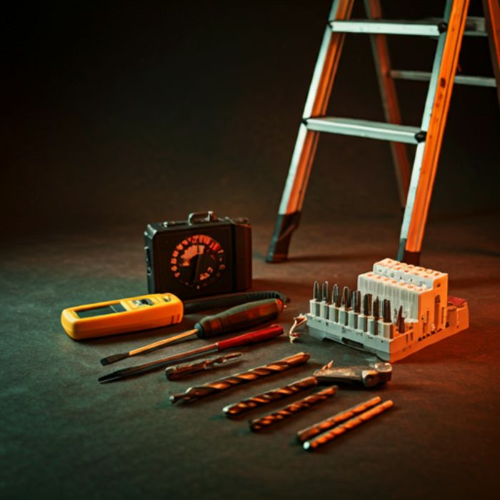 A collection of electrician's tools laid out on a dark surface, including a ladder, a voltage tester, a set of screwdrivers, a drill with various bits, and a junction box. The tools are illuminated by warm light, creating a dramatic effect.