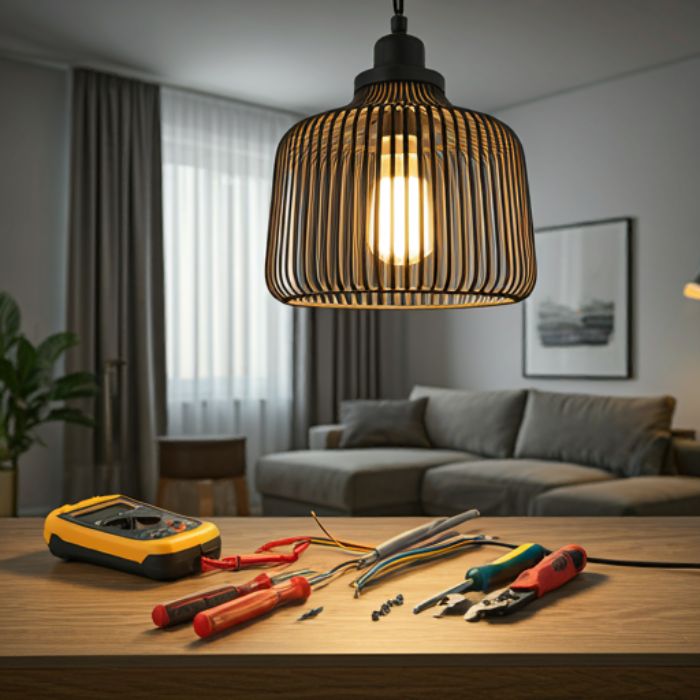 A wooden table with various electrician's tools, including a voltage tester, pliers, screwdrivers, and wires. A hanging pendant light with a wooden shade hangs above, casting a warm glow on the scene.