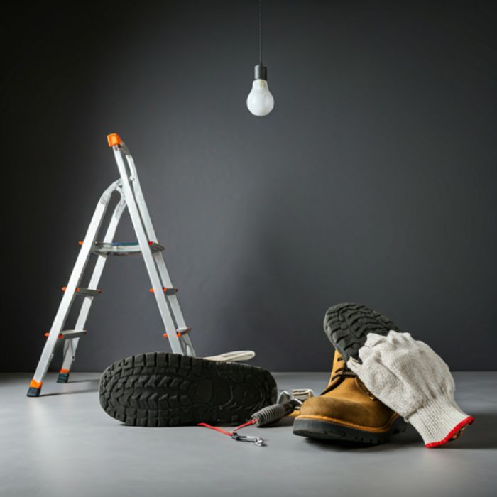 A pair of work boots, a ladder, and electrical tools are scattered on the floor in front of a gray wall with a hanging lightbulb.