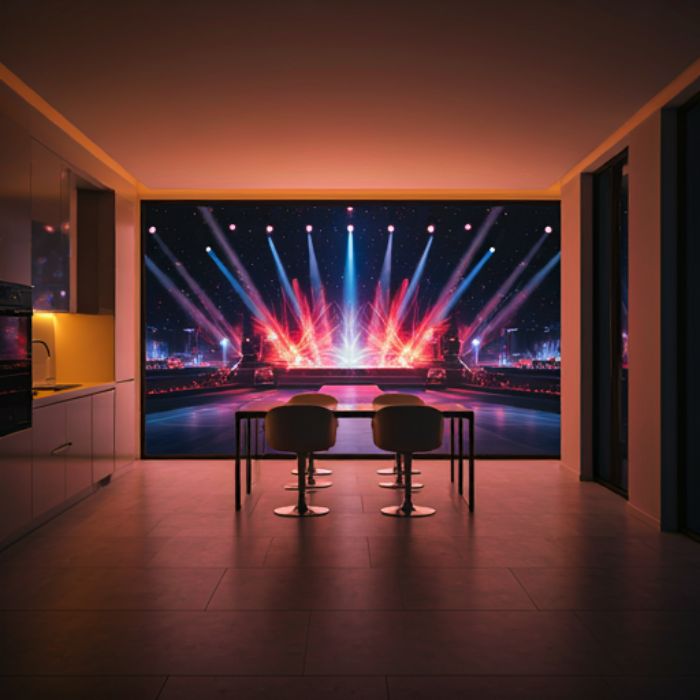 A modern kitchen and dining area with a large window showcasing a vibrant stage performance. The room is illuminated with warm, ambient lighting, creating a cozy atmosphere.