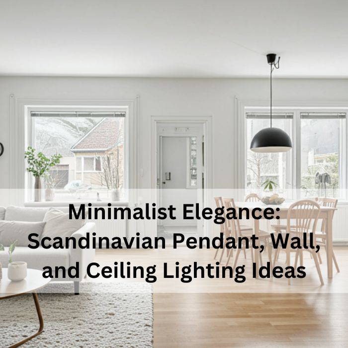 A minimalist living room with white walls and a wooden floor. A black pendant light hangs above a dining table, with a white sofa and coffee table in the background. The text "Minimalist Elegance: Scandinavian Pendant, Wall, and Ceiling Lighting Ideas" is overlaid on the image.