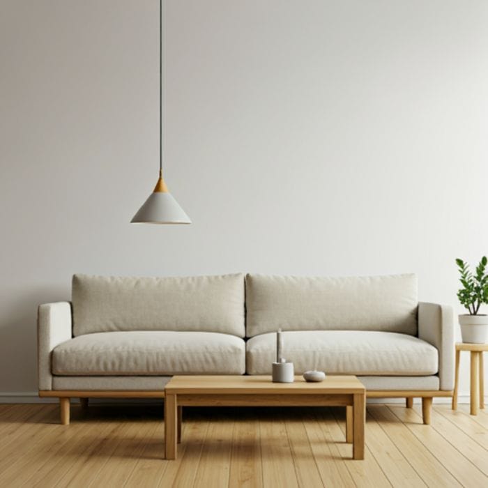 A minimalist living room with a beige sofa, a wooden coffee table, and a small side table with a potted plant. A single pendant light hangs from the ceiling, casting a warm, ambient light on the room.