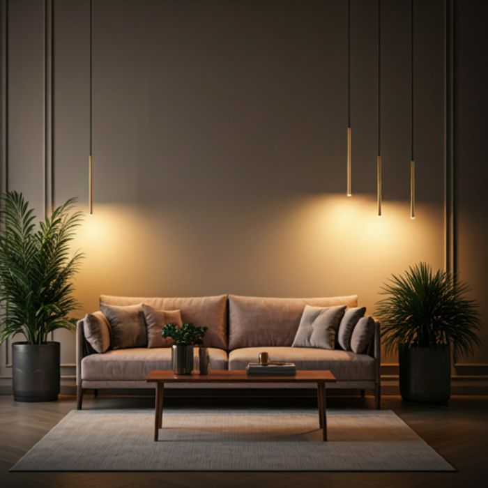 A minimalist living room with a cozy atmosphere. A long, plush sofa sits in the center, flanked by potted plants. The room is illuminated by multiple slender pendant lights hanging from the ceiling, creating a warm and inviting ambiance.