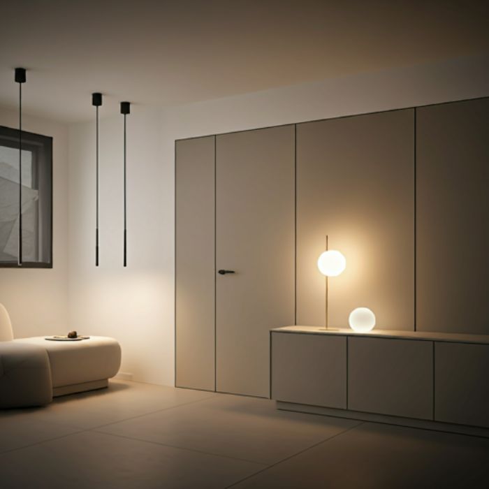 A minimalist living room with a modern aesthetic. The room features a white sofa, a low table, and a large wardrobe. The lighting is minimal, with a few pendant lights hanging from the ceiling and a table lamp providing a warm glow.