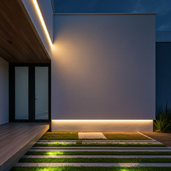 A modern house exterior illuminated by warm, linear lights. The lights are installed along the roofline, base of the wall, and steps leading to the entrance, creating a welcoming and stylish ambiance.