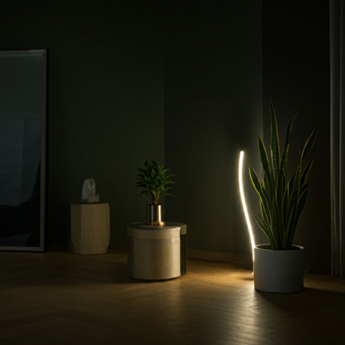 A modern floor lamp with a curved, linear design, illuminating a dark room. The lamp casts a warm, ambient light on the surrounding furniture and plants.