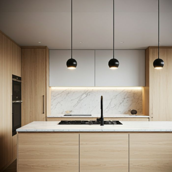 A modern kitchen with a white marble countertop and wooden cabinets. Three black, spherical pendant lights hang above the island, providing focused task lighting. Under-cabinet lighting illuminates the countertop, adding a warm, ambient glow.