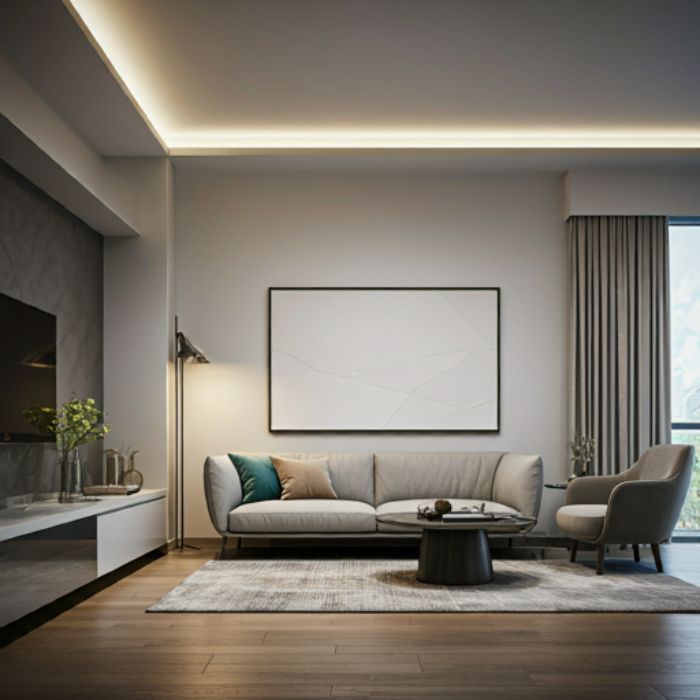 A modern living room with a sleek design, featuring cove lighting along the ceiling to create a warm and inviting atmosphere. The room includes a comfortable sofa, a coffee table, and a large framed artwork.