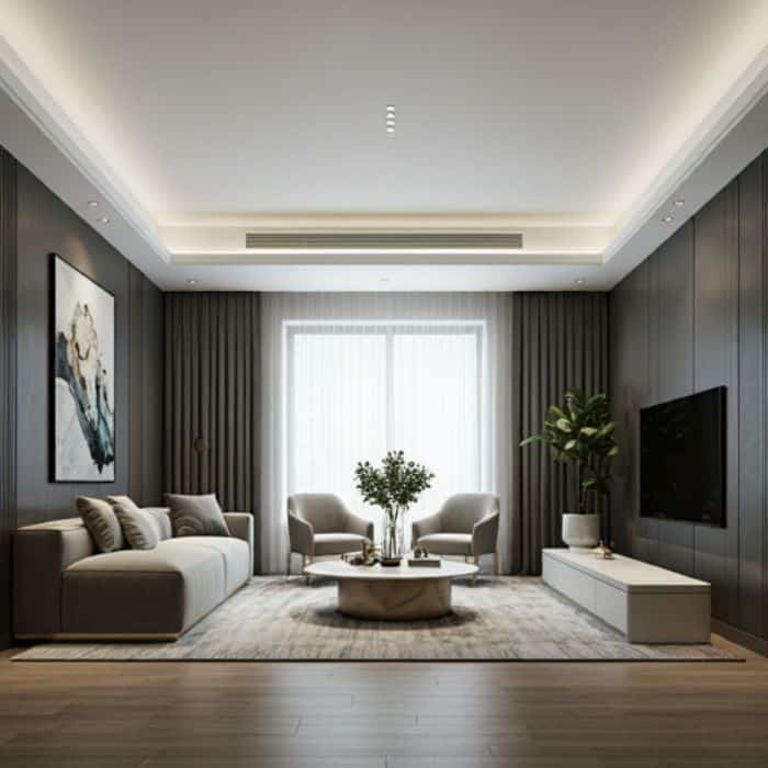 A modern living room with a dark gray wall, gray curtains, a large TV, and a round coffee table. The room features cove lighting around the perimeter of the ceiling, creating a warm and inviting atmosphere.