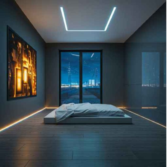 A modern bedroom with a minimalist design. The room features a large bed on a raised platform, a dark gray wall, and a large window with a city view at night. The room is illuminated by a linear ceiling light and cove lighting along the base of the wall and bed platform.