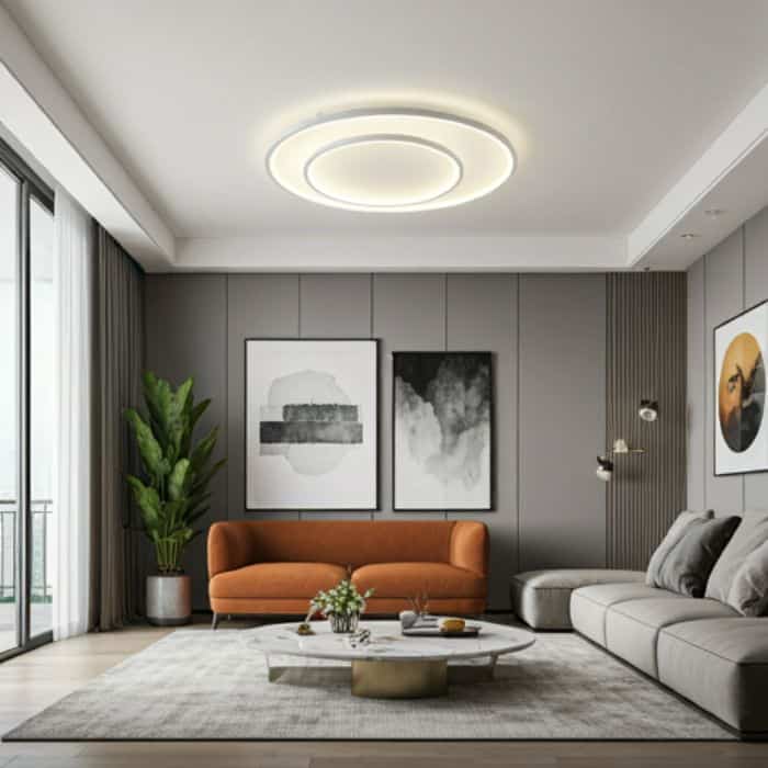 A modern living room with a circular LED ceiling light, two sofas, a coffee table, and artwork on the wall. The color scheme is predominantly gray, with pops of orange and white. The overall atmosphere is clean, minimalist, and inviting.