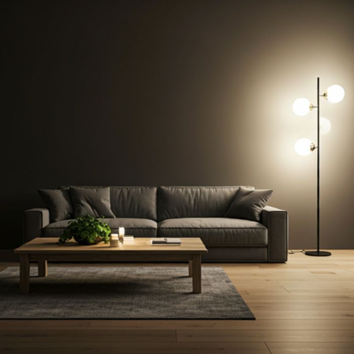 A modern living room with a dark gray sofa, a wooden coffee table, and a black floor lamp with three glass globes. The room has a dark wall and a warm, inviting atmosphere.