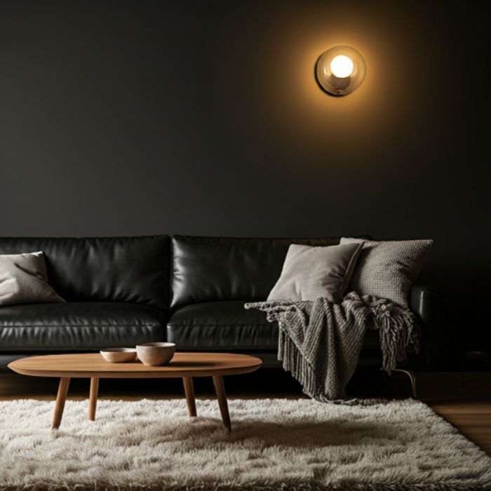 A modern living room with a dark gray wall and a black leather sofa. A sleek, circular wall sconce with a glass shade illuminates the space, casting a warm and inviting glow.