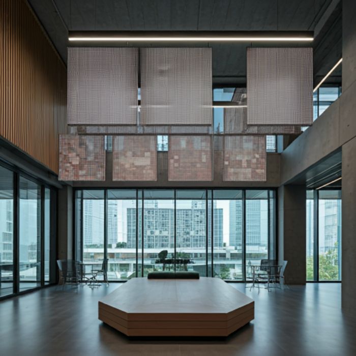 A modern, minimalist lobby with a concrete ceiling and walls. A long, linear light fixture runs along the ceiling, providing bright, even illumination. The space features a large window with a view of the city, a wooden seating area, and a metal mesh screen.