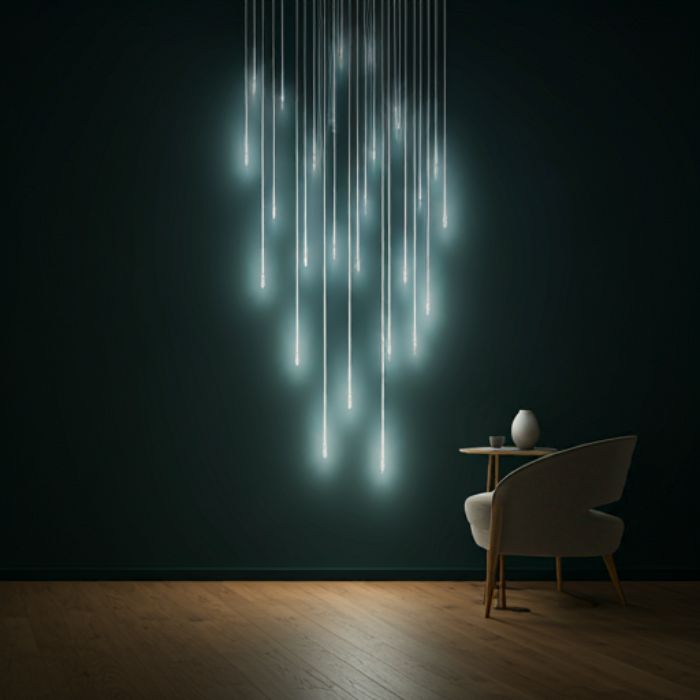 A modern chandelier with multiple thin, elongated light fixtures hanging from the ceiling, resembling raindrops. The chandelier creates a dramatic and ethereal effect in a dark room.