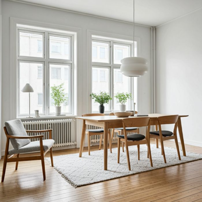 A bright and airy dining room with white walls and large windows. A wooden dining table and chairs are set against a light-colored rug. A large, white pendant light hangs above the table, and a smaller table lamp sits on a side table.