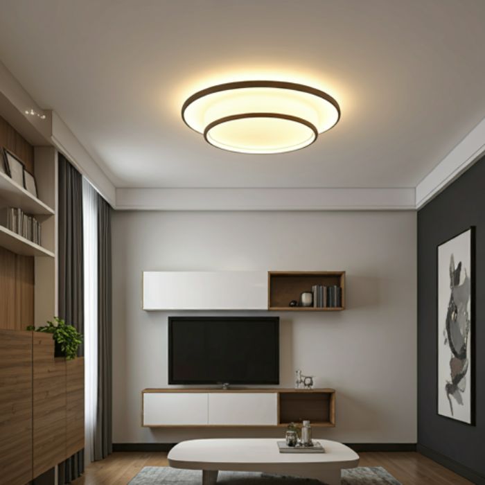 A modern living room with a sleek, black flush mount ceiling light featuring two overlapping circular rings. The light illuminates the space with a warm, ambient glow, creating a stylish and functional atmosphere.