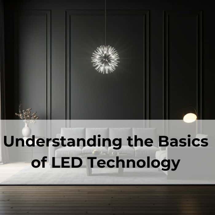 A living room with a dark wall and a gray sofa. A modern chandelier hangs from the ceiling, and a floor lamp illuminates a small table. The text "Understanding the Basics of LED Technology" is overlaid on the image.