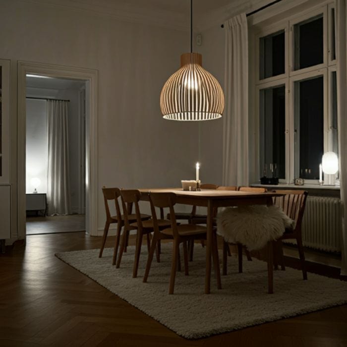 A cozy dining room with a wooden table and chairs. A large, wooden pendant light hangs above the table, casting a warm, ambient light. The room has a warm, inviting atmosphere.