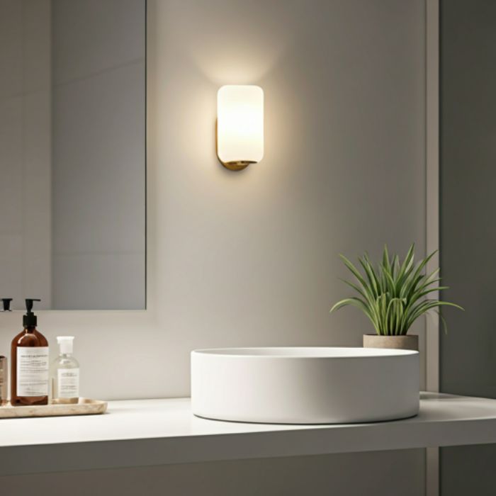 A modern bathroom vanity with a white sink and a gold-toned wall sconce. The sconce features a rectangular, frosted glass shade, providing soft, ambient lighting.