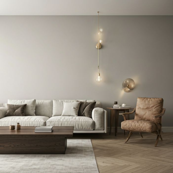 A modern living room with a beige wall and a white sofa. Three unique wall sconces with different shapes and sizes are mounted on the wall, adding a touch of personality and style to the space. The room also features a wooden coffee table, a leather armchair, and a patterned rug.