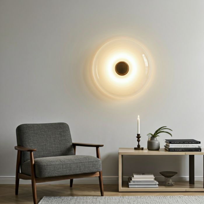 A modern living room with a unique circular wall sconce mounted on a gray wall. The sconce features a transparent outer ring and an inner ring with warm, ambient lighting. The room also includes a gray armchair, a side table, and a candle.