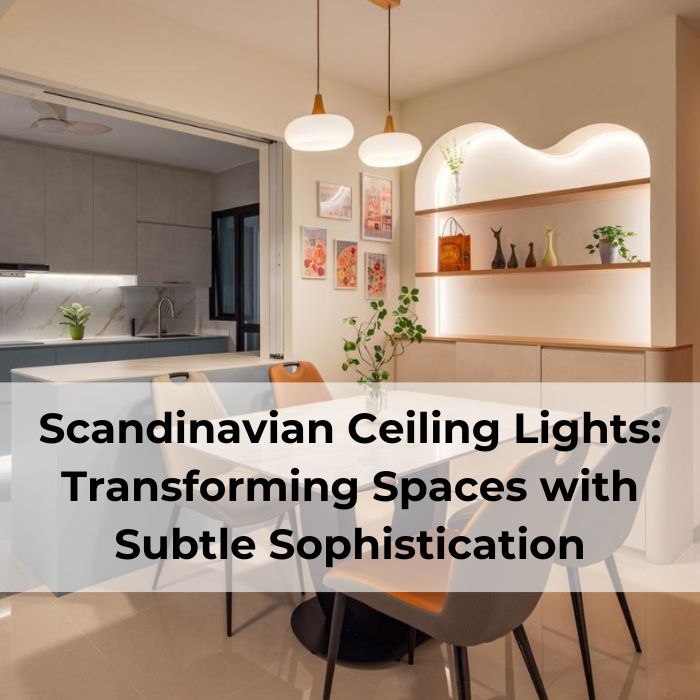 A minimalist dining room with a wooden dining table and chairs. The room features a curved wall with built-in shelves and warm lighting, creating a cozy and inviting atmosphere. The text "Scandinavian Ceiling Lights: Transforming Spaces with Subtle Sophistication" is overlaid on the image.